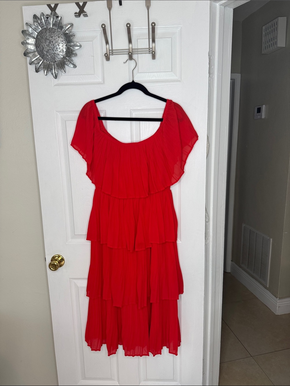 Just Me Vibrant Red Pleaded Maxi Dress. Sz L